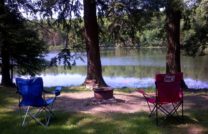 Lake view at a tent campsite.